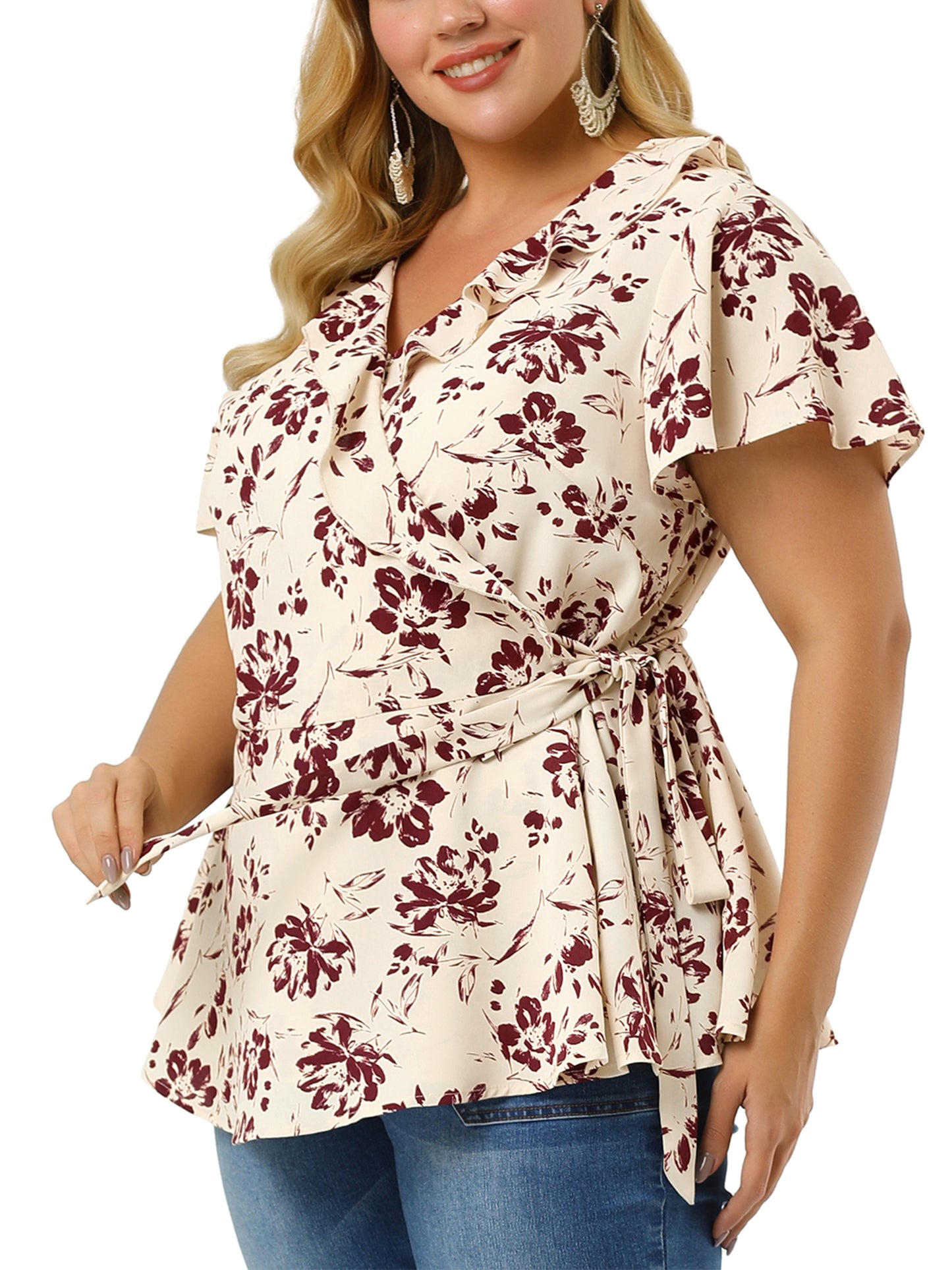 Women Plus Size Wrap V Neck Tie Waist Ruffle Sleeve Blouse Summer Floral Top