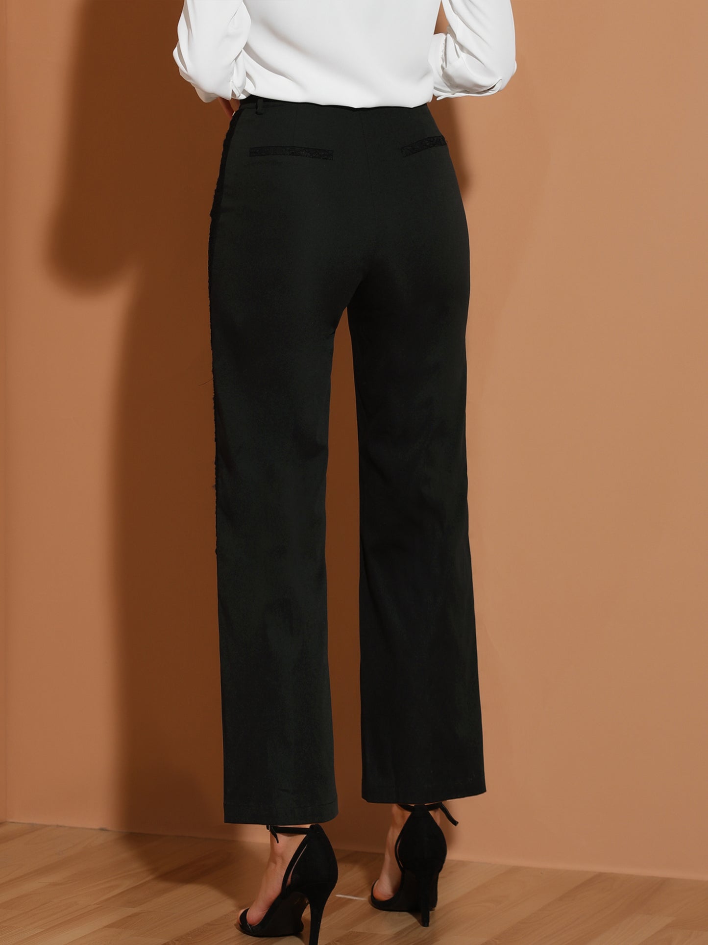 Pantalones largos de trabajo de cintura alta y pierna recta ancha para mujer