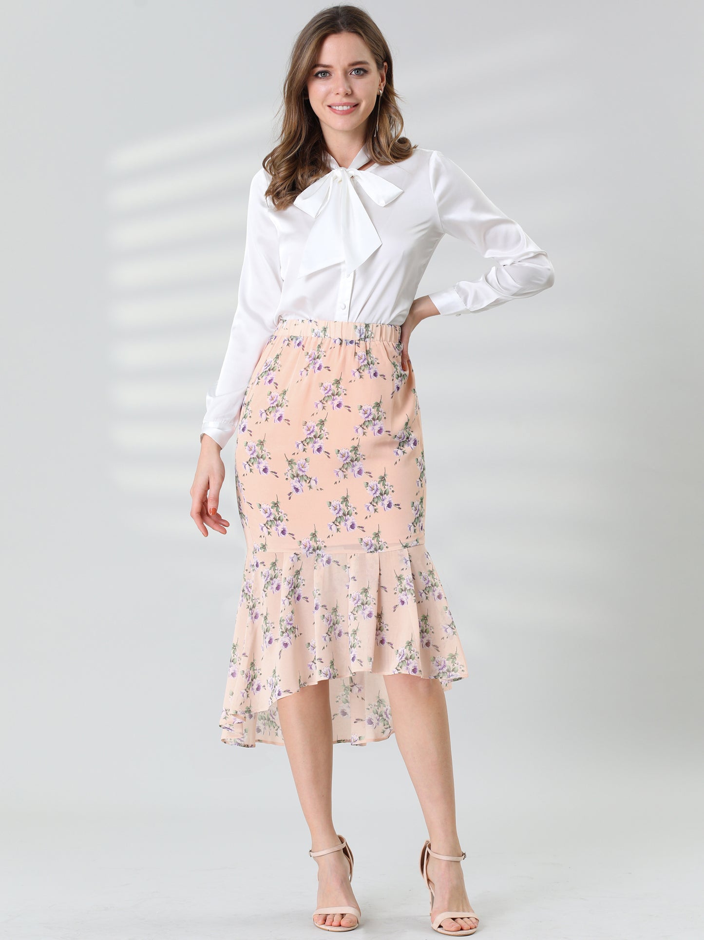 Women's Floral Elastic Waist Bodycon Ruffle Hem Chiffon Fishtail Skirt