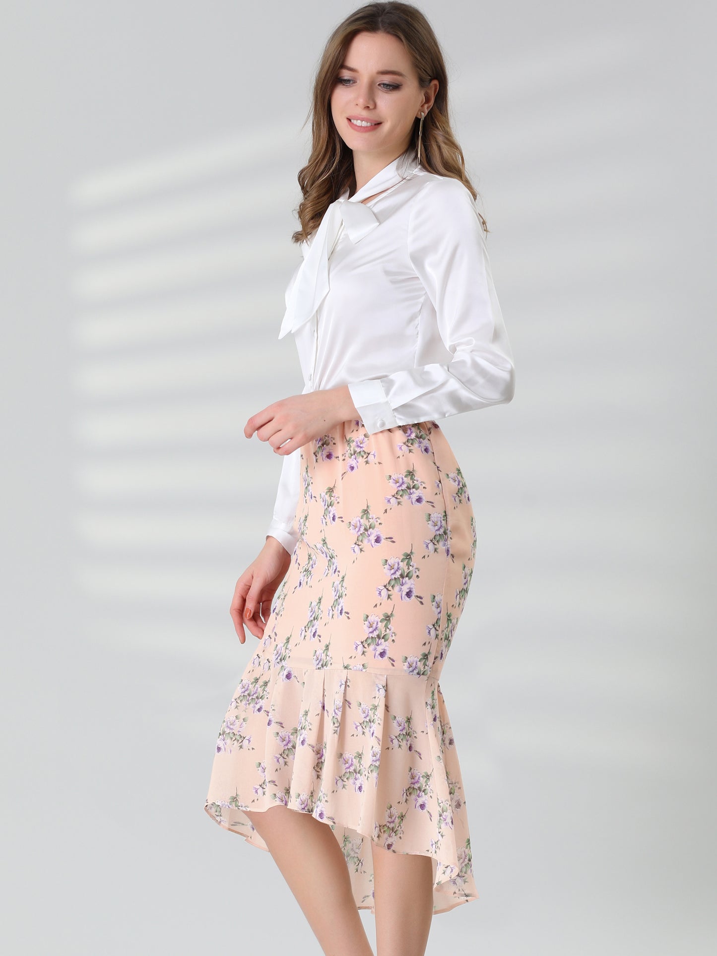 Women's Floral Elastic Waist Bodycon Ruffle Hem Chiffon Fishtail Skirt