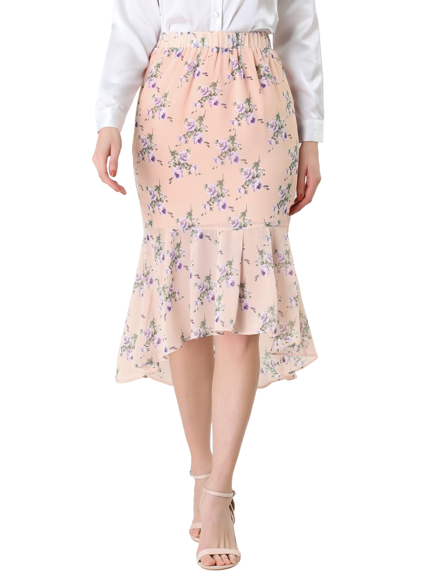 Women's Floral Elastic Waist Bodycon Ruffle Hem Chiffon Fishtail Skirt