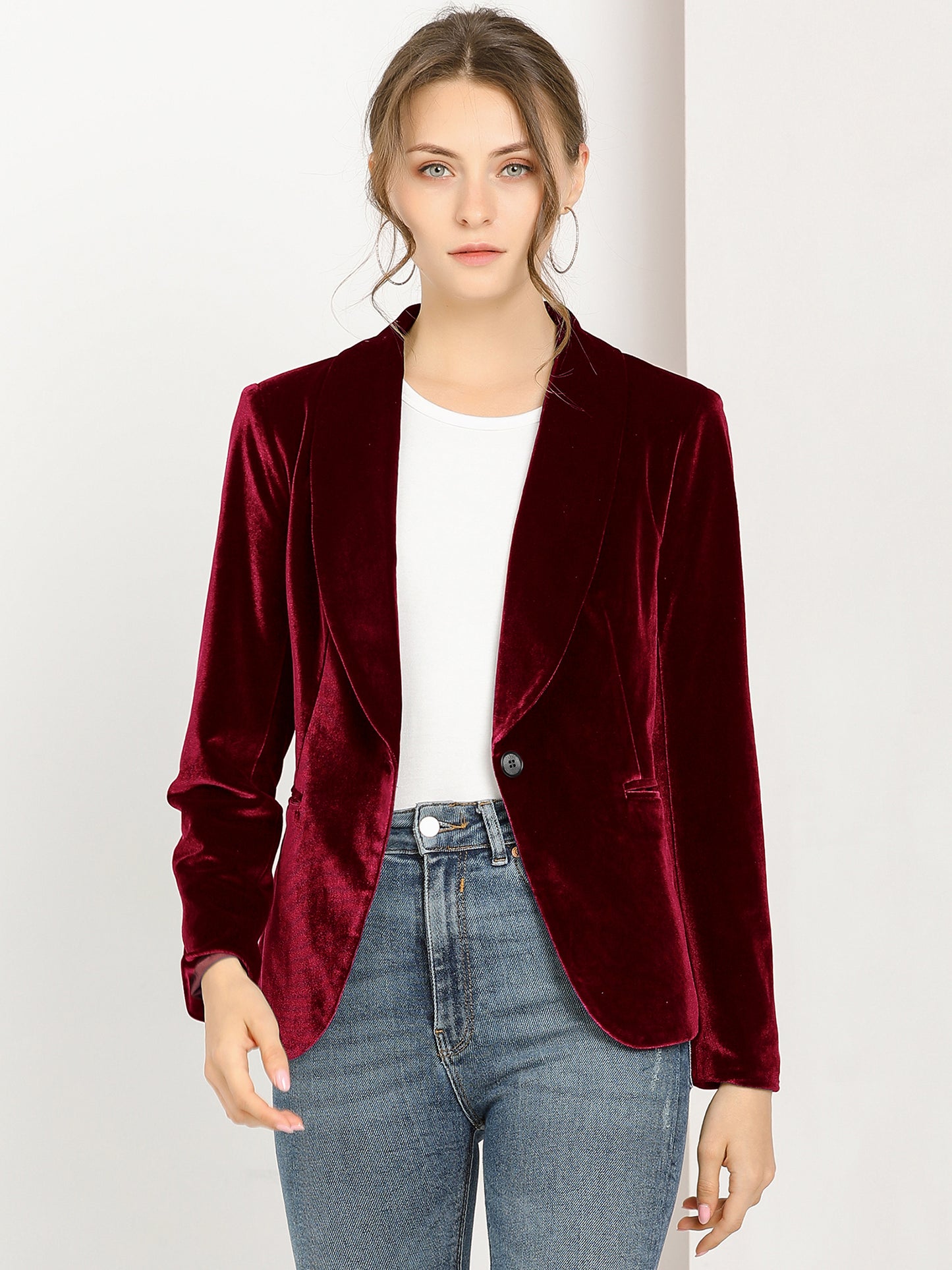 Women's Shawl Collar 1 Button Velvet Blazer (Available in Plus Size)