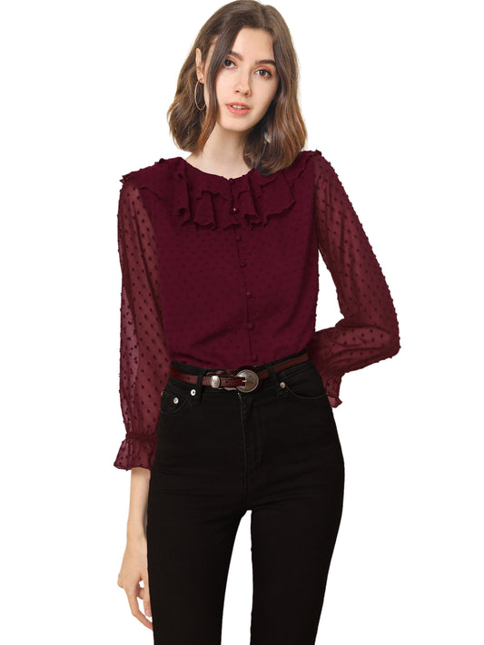 Women's Swiss Dots Bracelet Sleeves Chiffon Boho Ruffle Neck Blouse