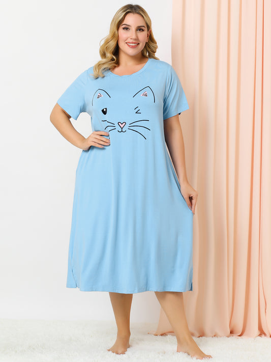 Women's Plus Size Nightgowns Pajama Dress Cute Cat Loose Loungewear with Pockets