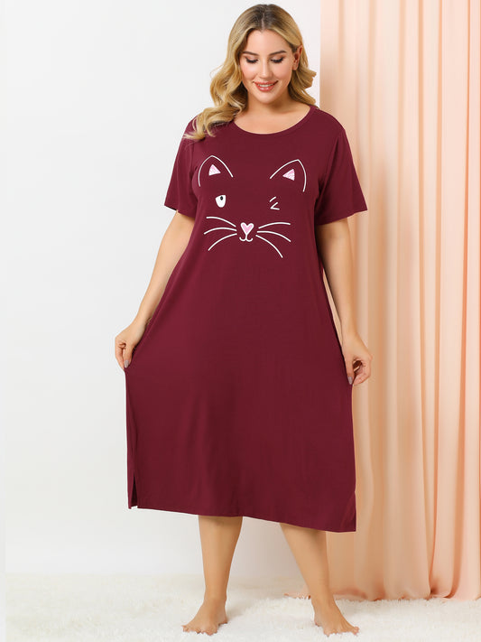 Women's Plus Size Nightgowns Pajama Dress Cute Cat Loose Loungewear with Pockets
