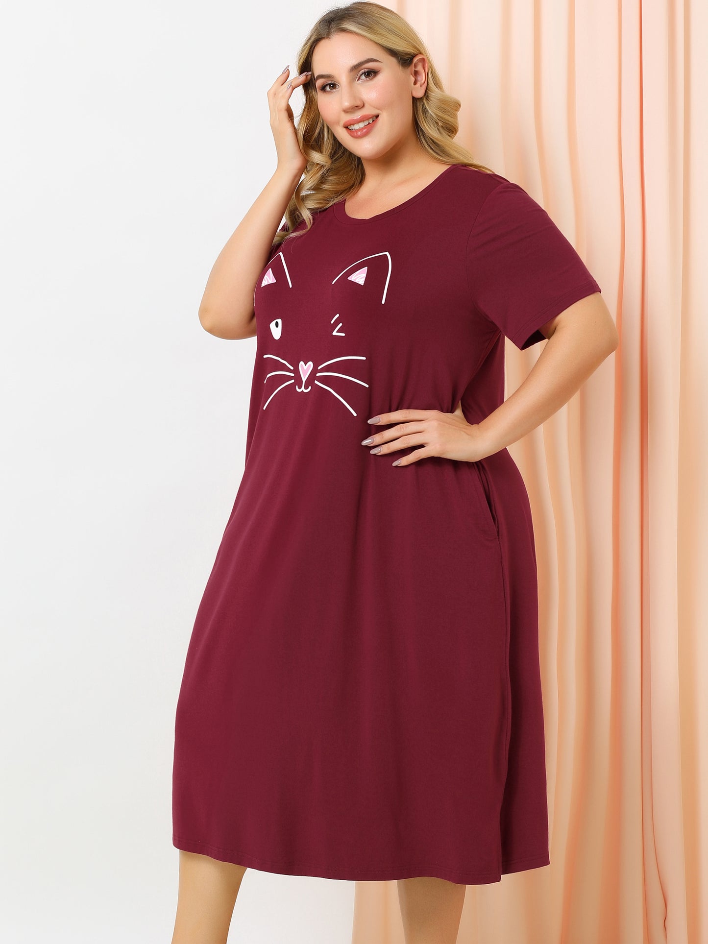 Women's Plus Size Nightgowns Pajama Dress Cute Cat Loose Loungewear with Pockets