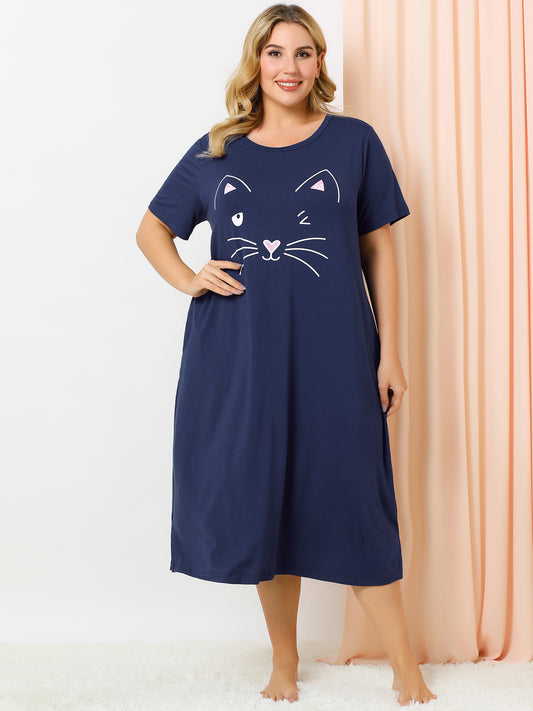 Women's Plus Size Nightgowns Pajama Dress Cute Cat Loose Loungewear with Pockets