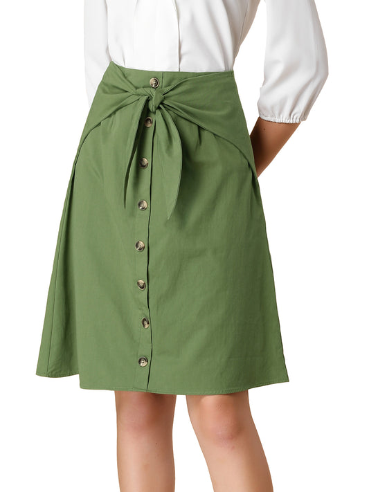 Women's Bow Tie Knot High Waist Buttons Decor Cotton A-line Knee Length Skirt
