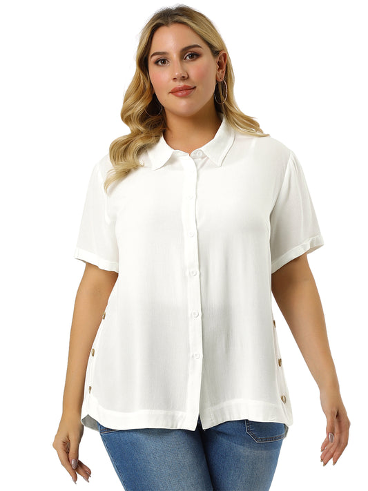 Women Plus Size Shirt Short Sleeve Collar Button Front Work Top