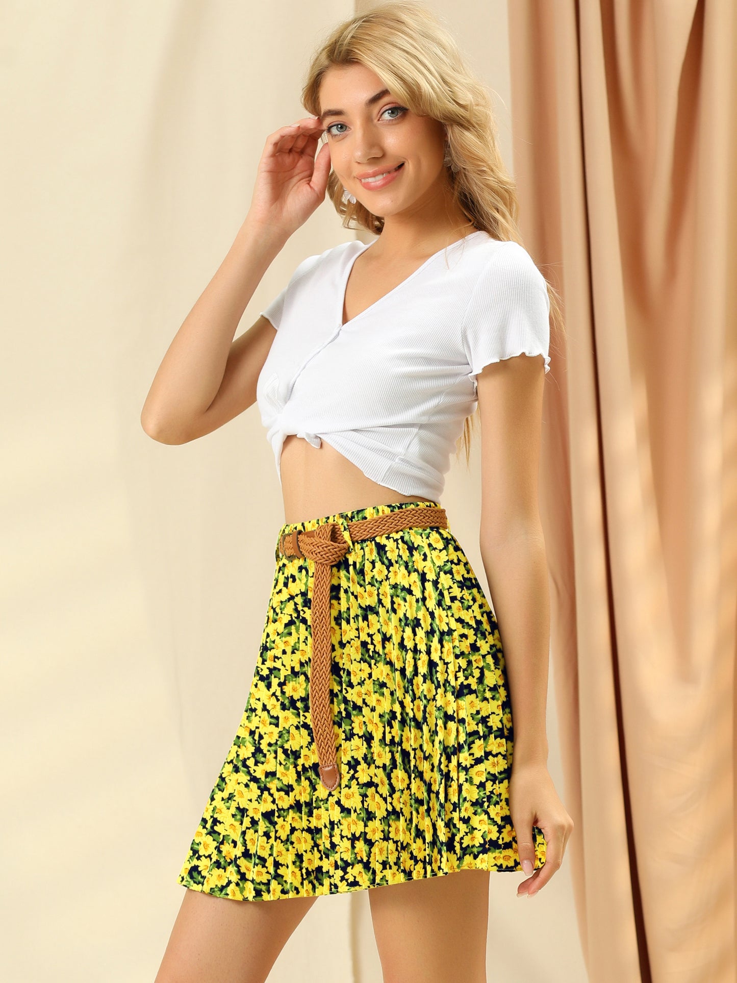 Women's A-Line Elastic Waist with Belt Floral Pleat Skater Mini Skirt