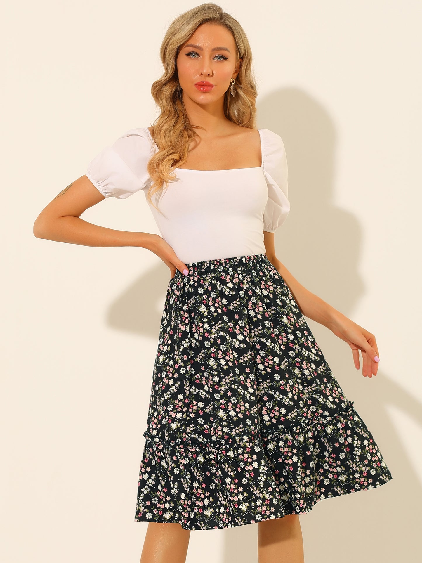 Women's Knee Length Skirt Floral Elastic Waist Flowy Tiered A-Line Ruffle Skirt (Available in Plus Size)