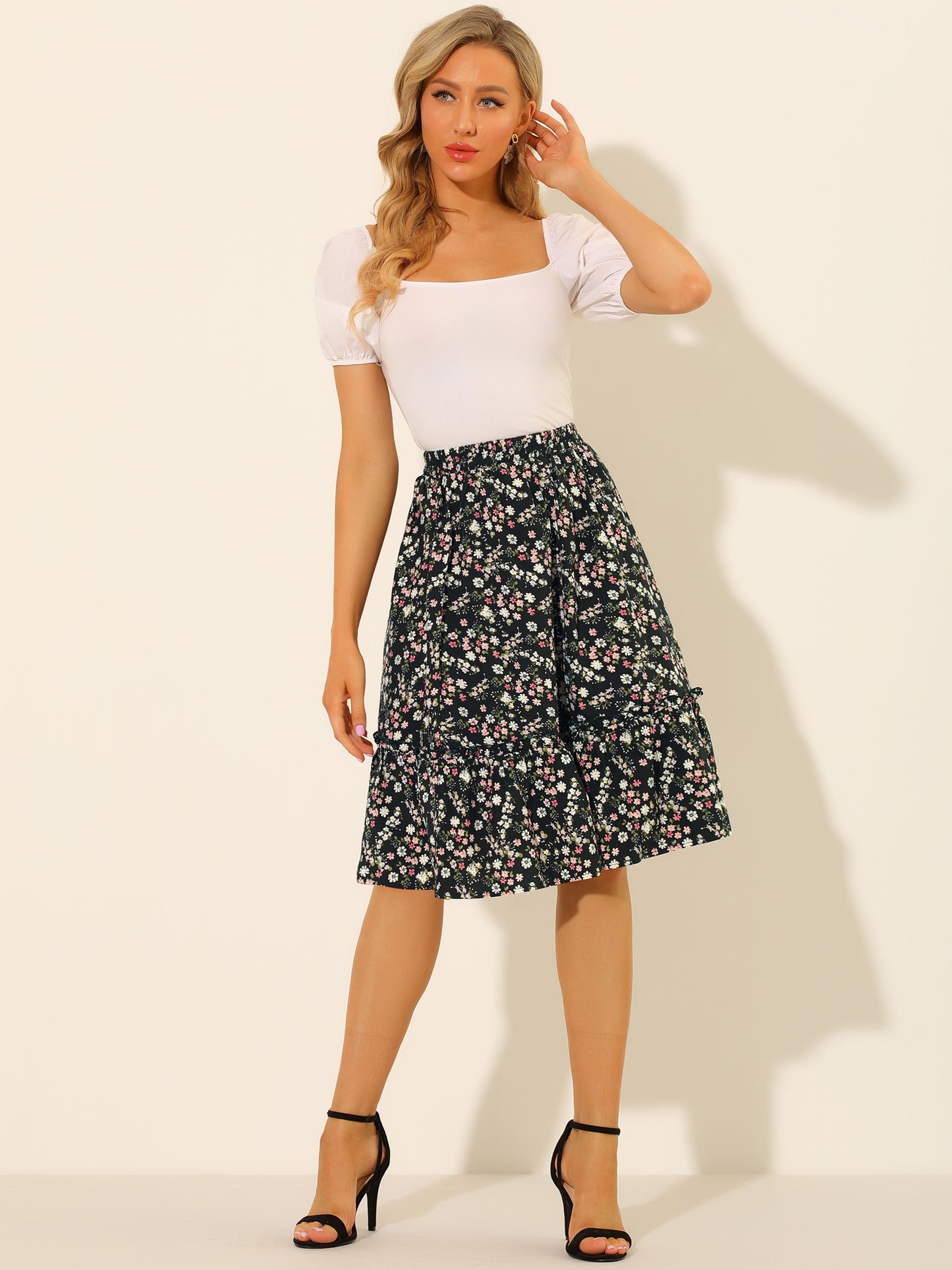 Women's Knee Length Skirt Floral Elastic Waist Flowy Tiered A-Line Ruffle Skirt (Available in Plus Size)
