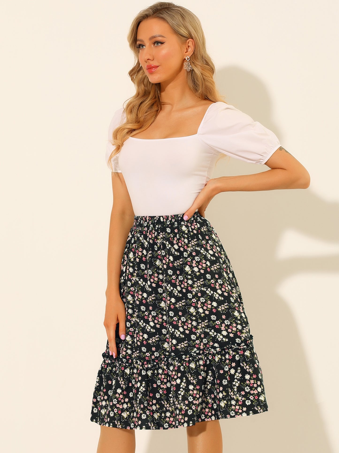 Women's Knee Length Skirt Floral Elastic Waist Flowy Tiered A-Line Ruffle Skirt (Available in Plus Size)