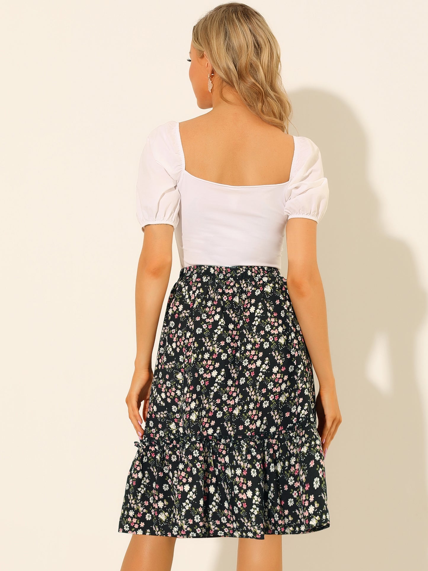Women's Knee Length Skirt Floral Elastic Waist Flowy Tiered A-Line Ruffle Skirt (Available in Plus Size)