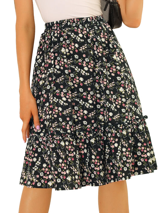 Women's Knee Length Skirt Floral Elastic Waist Flowy Tiered A-Line Ruffle Skirt (Available in Plus Size)