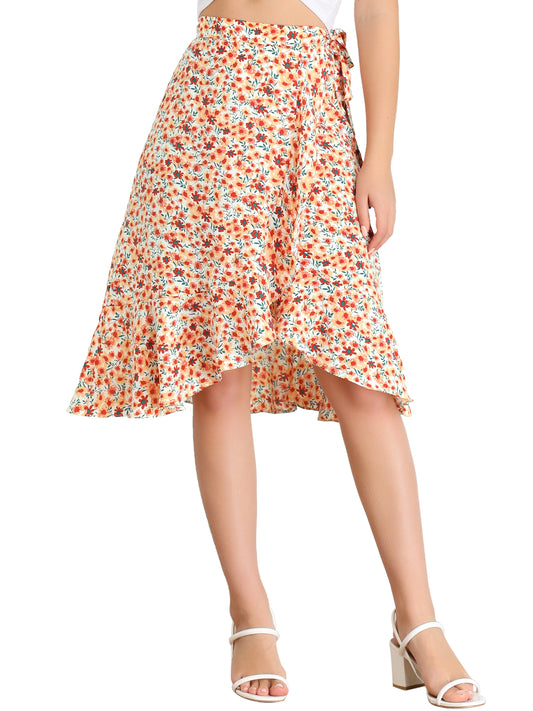 Women's Floral Printed Self Tie Knot High-Low Ruffle Hem Wrap Skirt