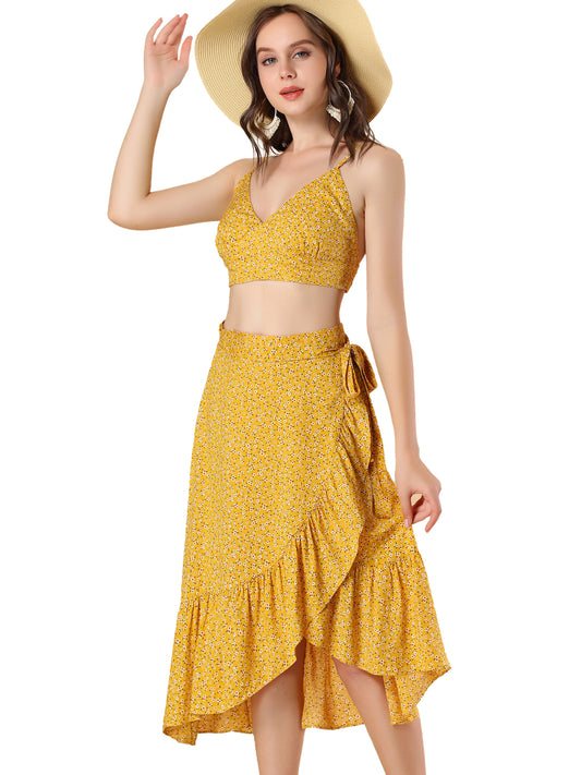 Women's Floral Two Piece Spaghetti Strap Crop Top & Wrap Ruffle Midi Skirt Set