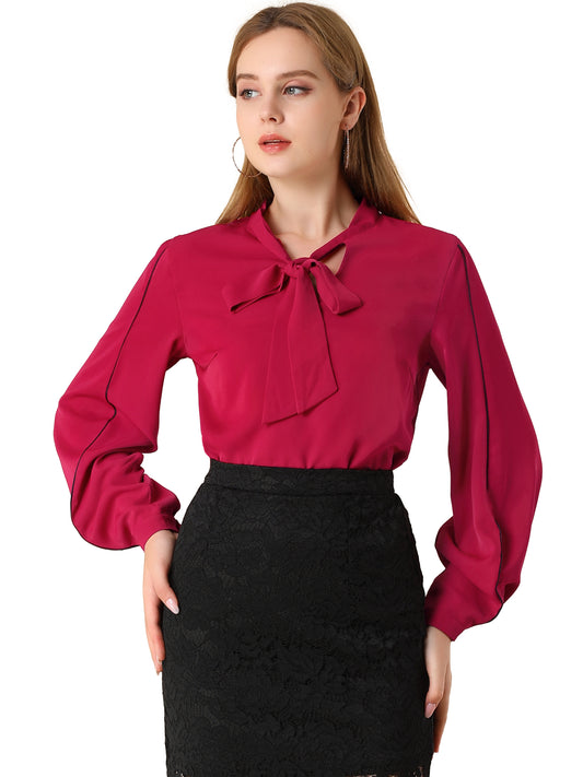 Women's Long Ballon Sleeve Tie V Neck Contrast Piping Loose Elegant Blouse