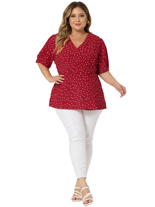 Women Plus Size Summer V Neck Wrap Short Sleeve Polka Dots Peplum Top