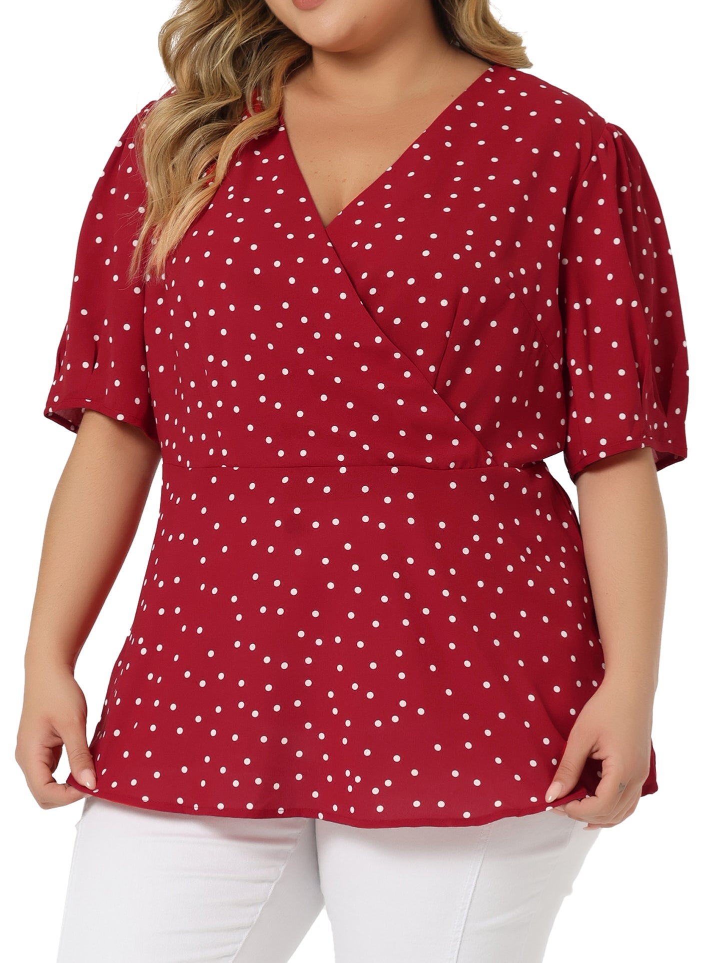 Women Plus Size Summer V Neck Wrap Short Sleeve Polka Dots Peplum Top