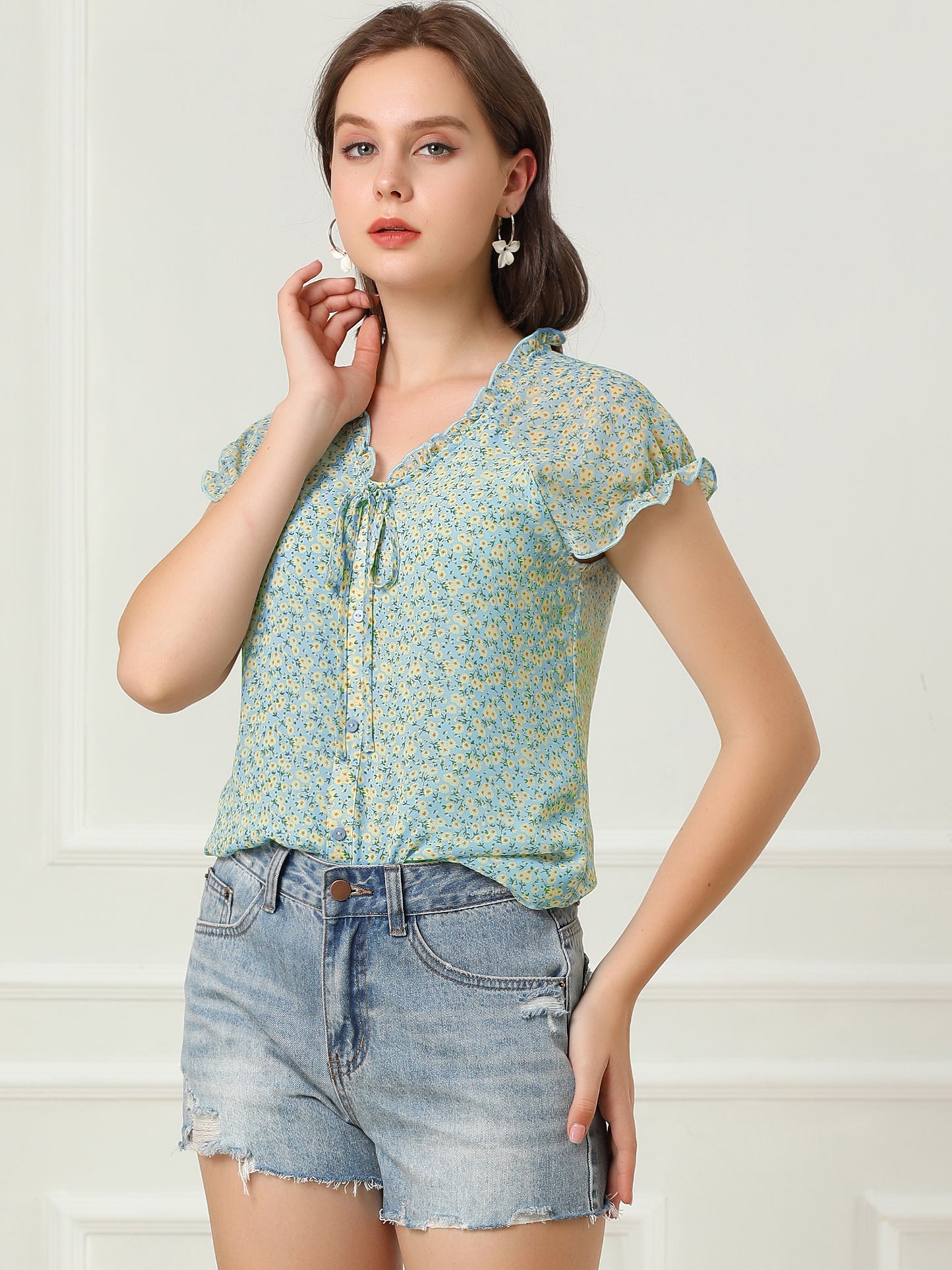 Blusa de gasa con volantes, mangas cortas y cuello en V con estampado floral de verano para mujer