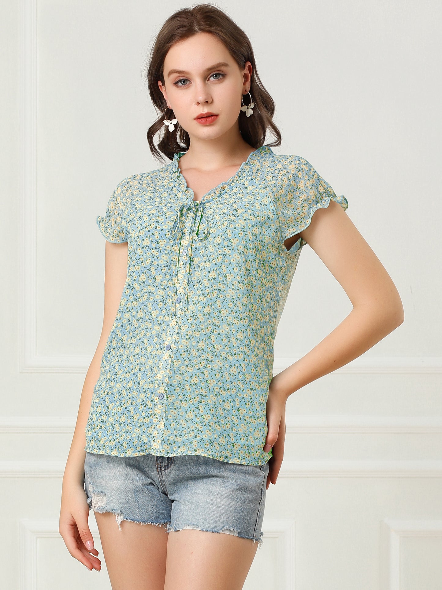 Blusa de gasa con volantes, mangas cortas y cuello en V con estampado floral de verano para mujer
