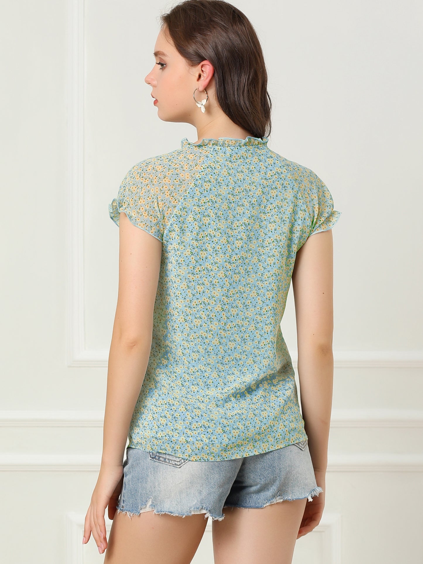 Blusa de gasa con volantes, mangas cortas y cuello en V con estampado floral de verano para mujer