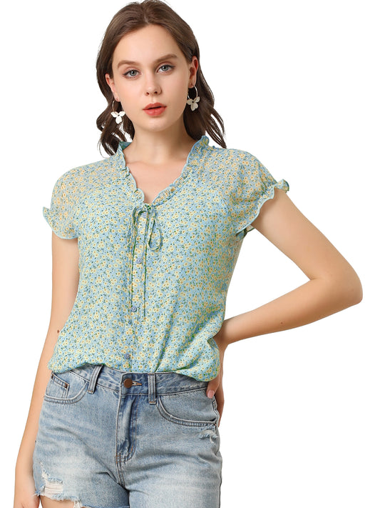 Blusa de gasa con volantes, mangas cortas y cuello en V con estampado floral de verano para mujer