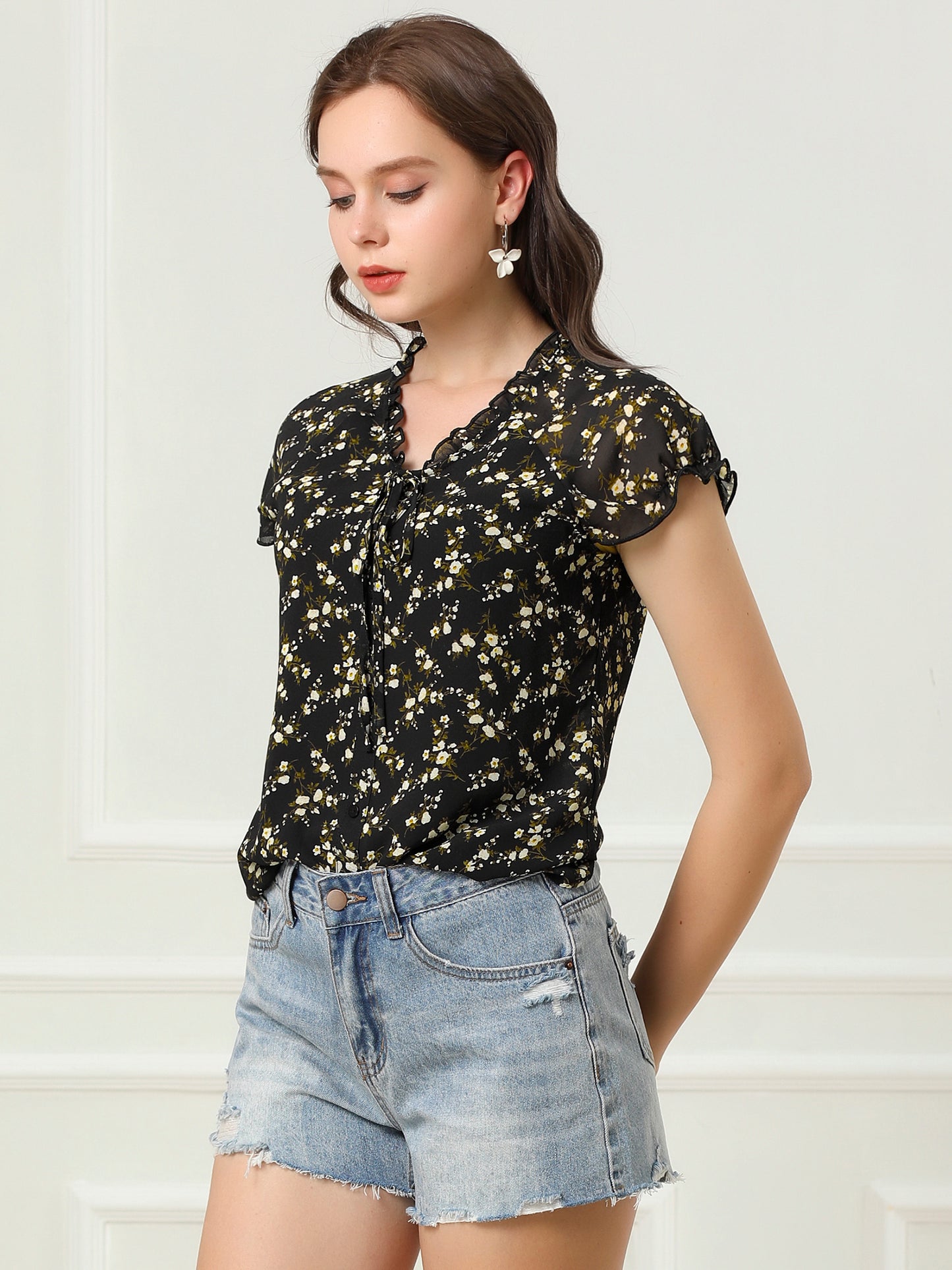 Women's Floral Summer V Neck Short Cap Sleeve Ruffle Chiffon Blouse