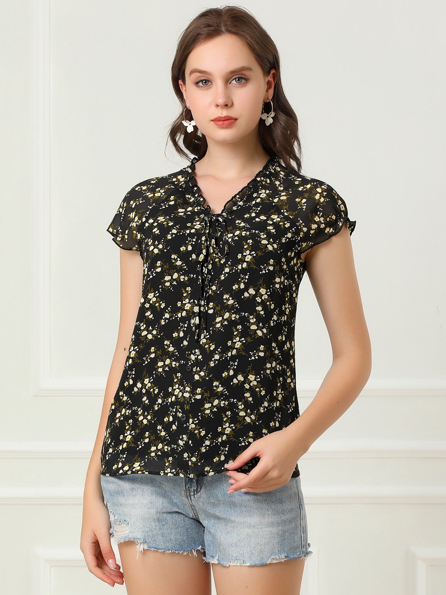 Women's Floral Summer V Neck Short Cap Sleeve Ruffle Chiffon Blouse