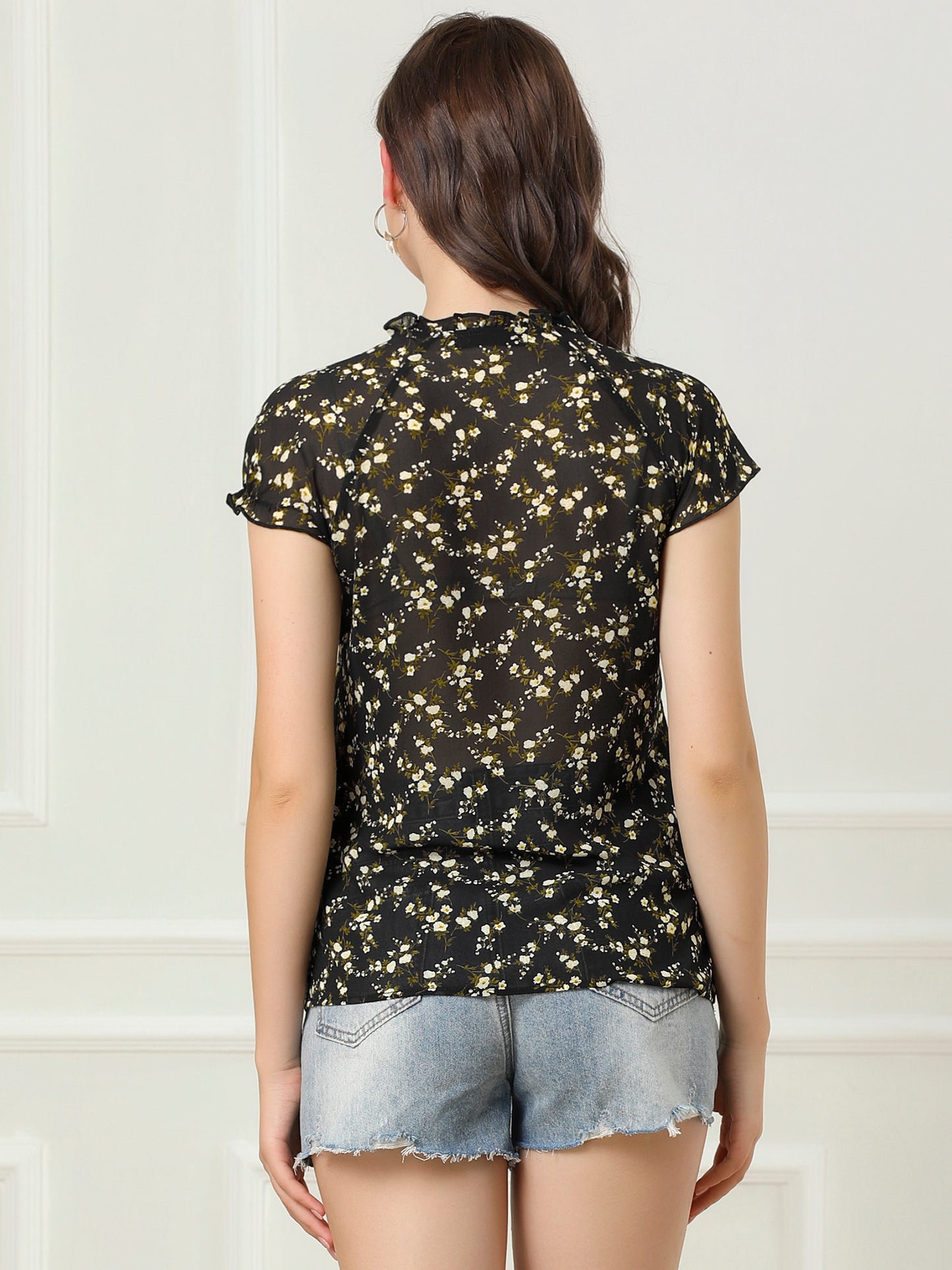 Women's Floral Summer V Neck Short Cap Sleeve Ruffle Chiffon Blouse