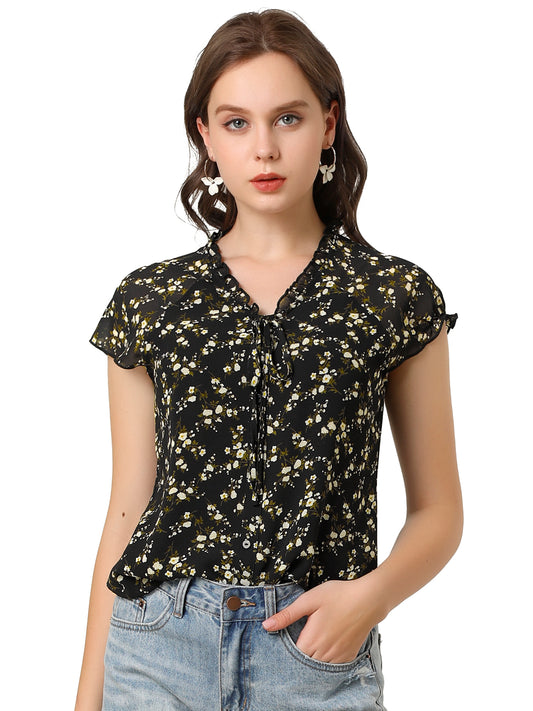 Women's Floral Summer V Neck Short Cap Sleeve Ruffle Chiffon Blouse