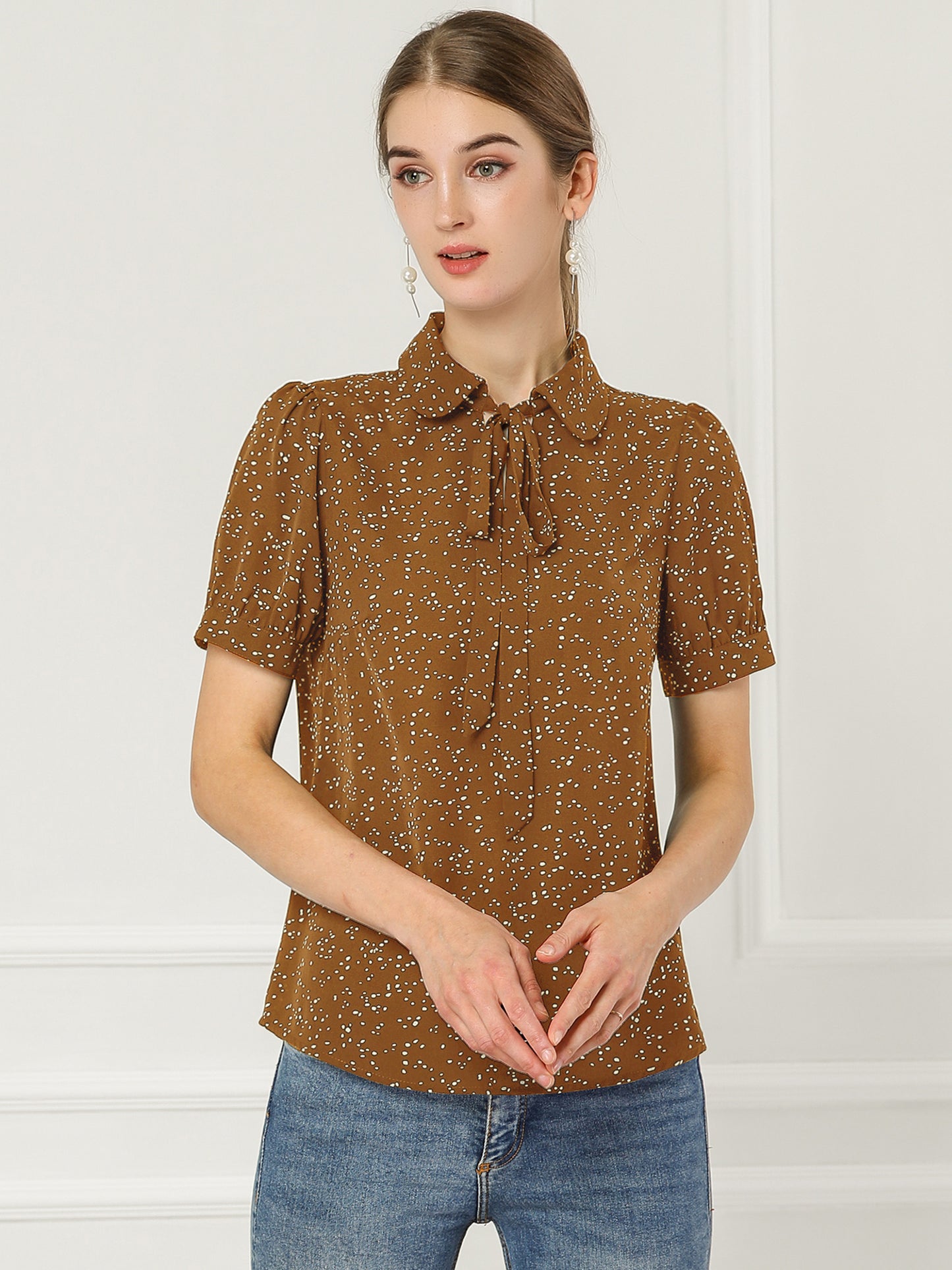 Blusa de gasa con cuello Peter Pan y pajarita estampada retro para mujer
