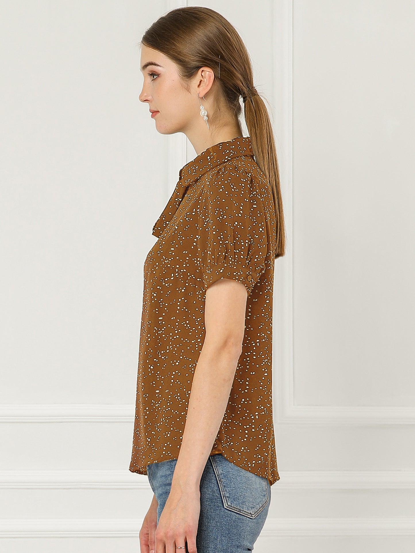 Blusa de gasa con cuello Peter Pan y pajarita estampada retro para mujer