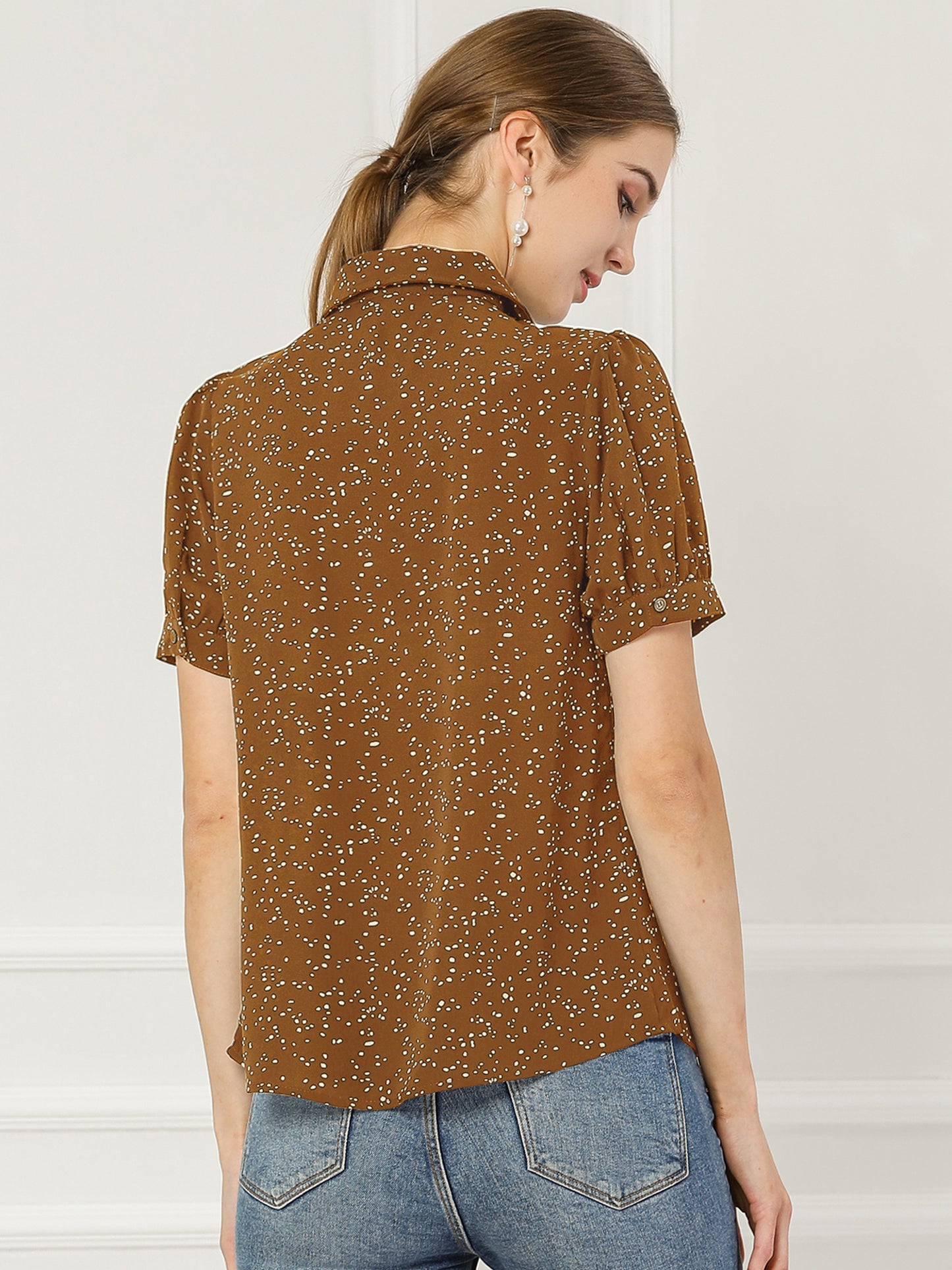 Blusa de gasa con cuello Peter Pan y pajarita estampada retro para mujer