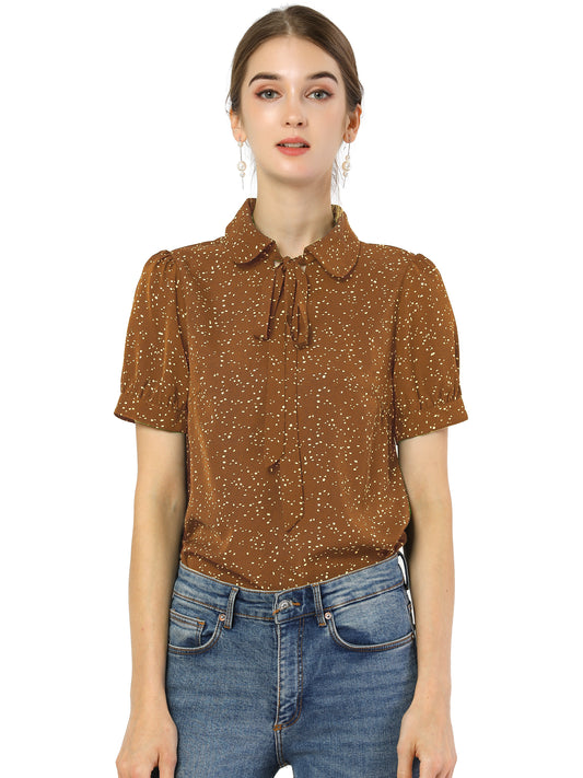 Blusa de gasa con cuello Peter Pan y pajarita estampada retro para mujer
