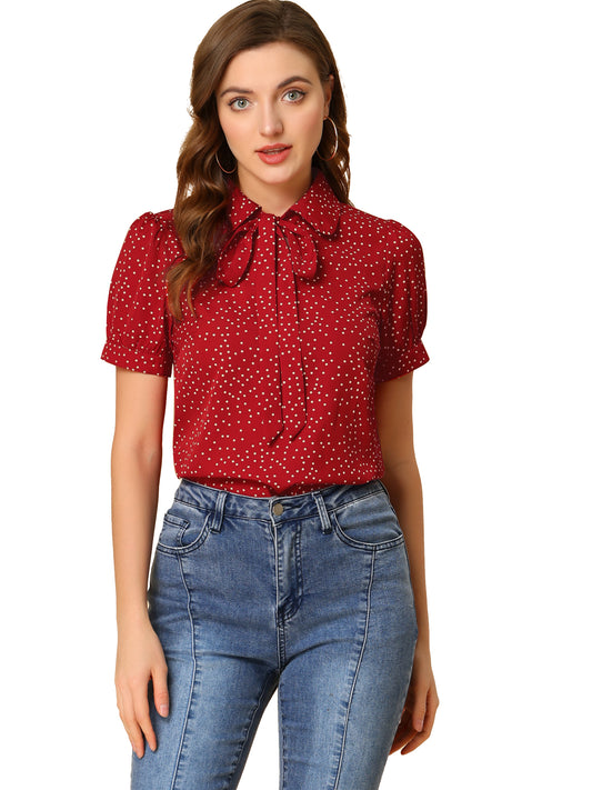 Women's Retro Printed Bow Tie Peter Pan Collar Chiffon Blouse Shirt (Available in Plus Size)