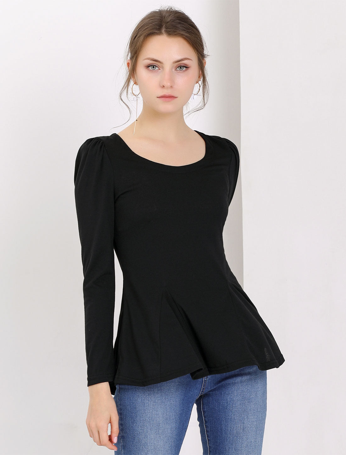 Women's Ruffled Hem Long Sleeve Scoop Neck Casual Peplum Shirt