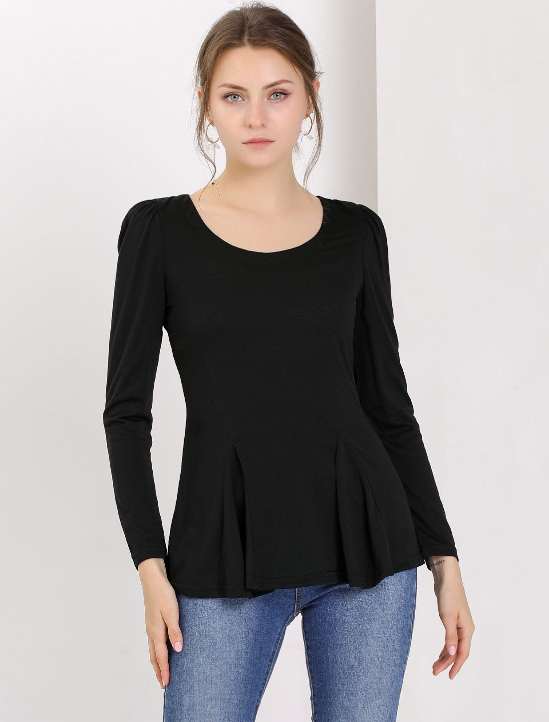 Women's Ruffled Hem Long Sleeve Scoop Neck Casual Peplum Shirt