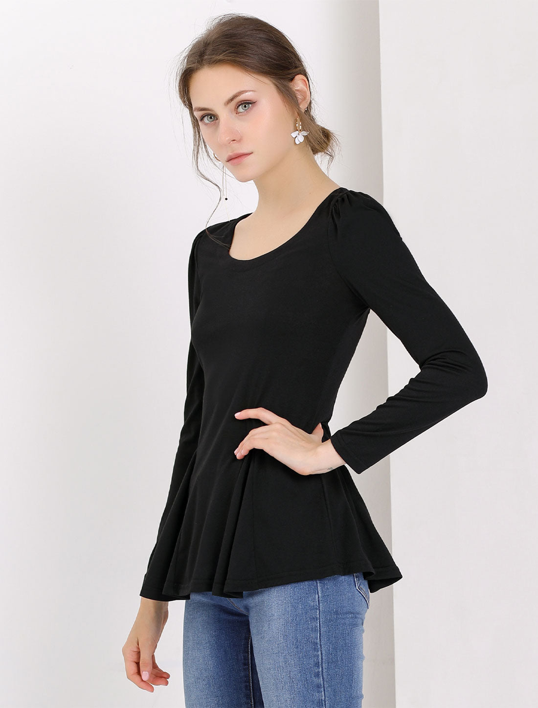 Women's Ruffled Hem Long Sleeve Scoop Neck Casual Peplum Shirt