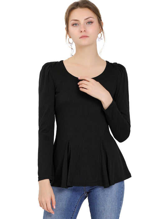 Women's Ruffled Hem Long Sleeve Scoop Neck Casual Peplum Shirt (Available in Plus Size)