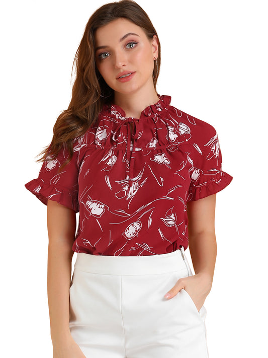 Women's Floral Tie Neck Ruffle Short Sleeves Peasant Blouse
