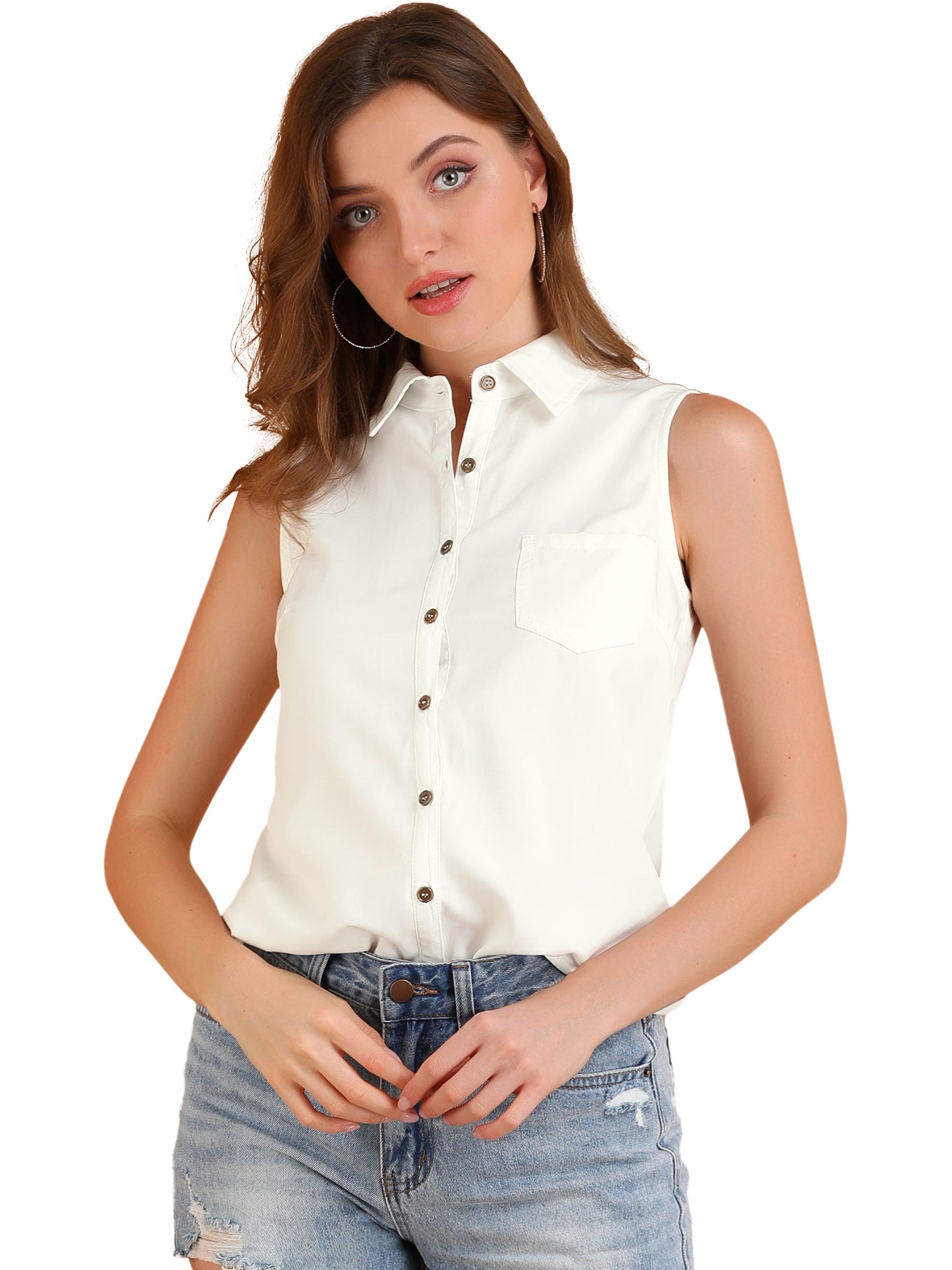 Women Single Breasted Point Collar Sleeveless Shirt (Available in Plus Size)