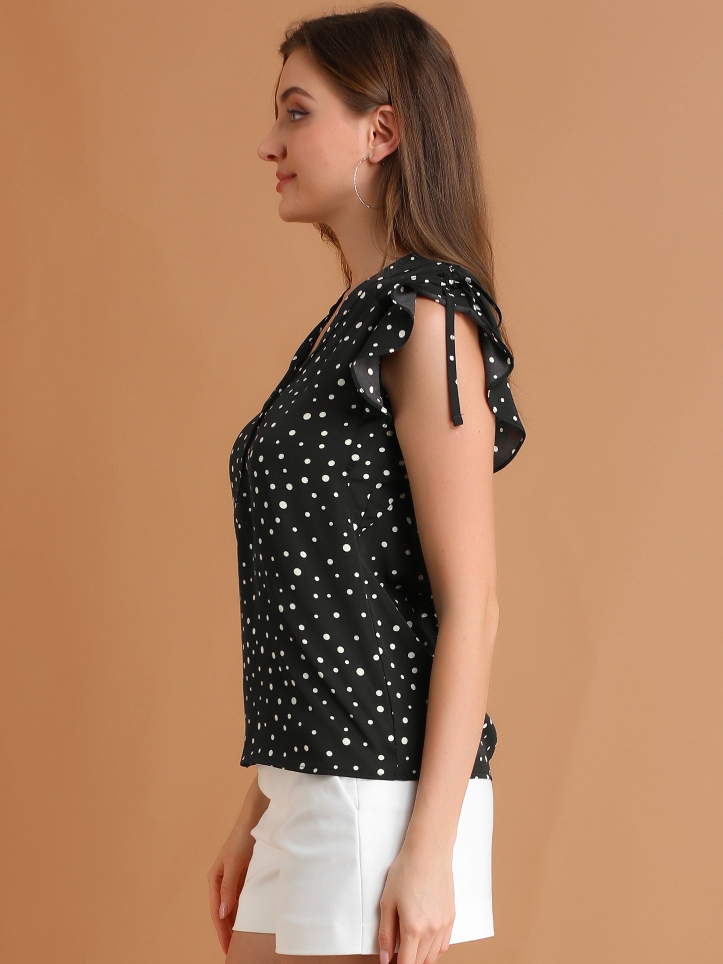Women's Polka Dots Ruffle Chiffon V Neck Blouse Cap Sleeve Summer Top