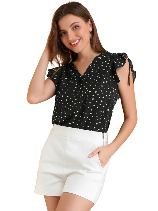 Women's Polka Dots Ruffle Chiffon V Neck Blouse Cap Sleeve Summer Top
