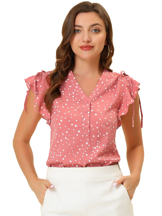 Women's Polka Dots Ruffle Chiffon V Neck Blouse Cap Sleeve Summer Top