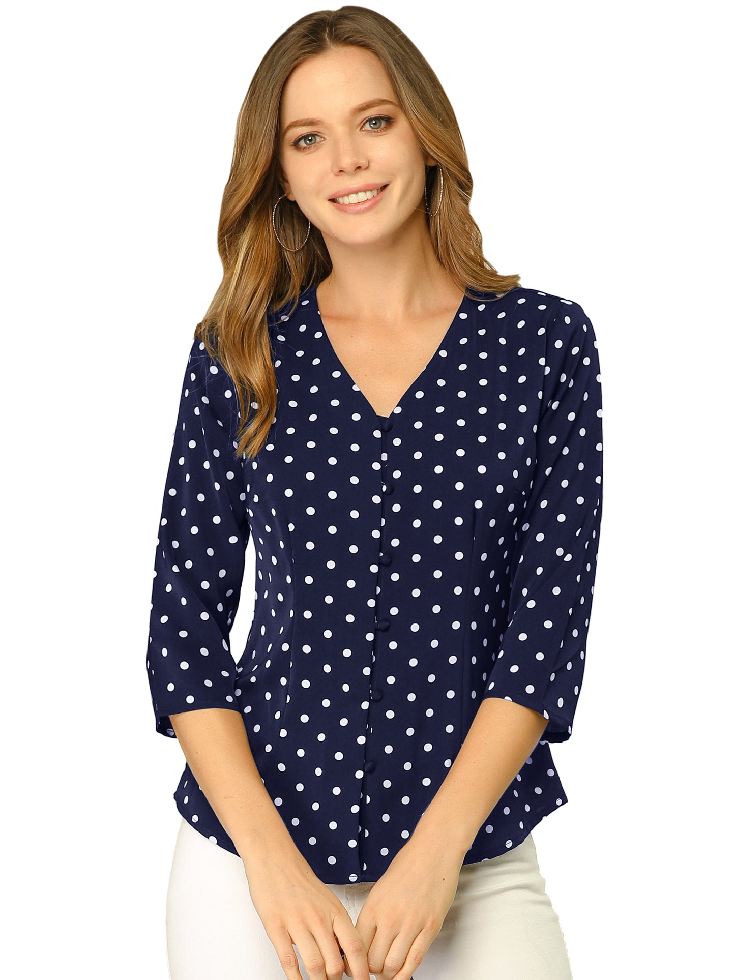 Women's Polka Dots 3/4 Sleeve Button Front V Neck Blouse Shirt (Available in Plus Size)