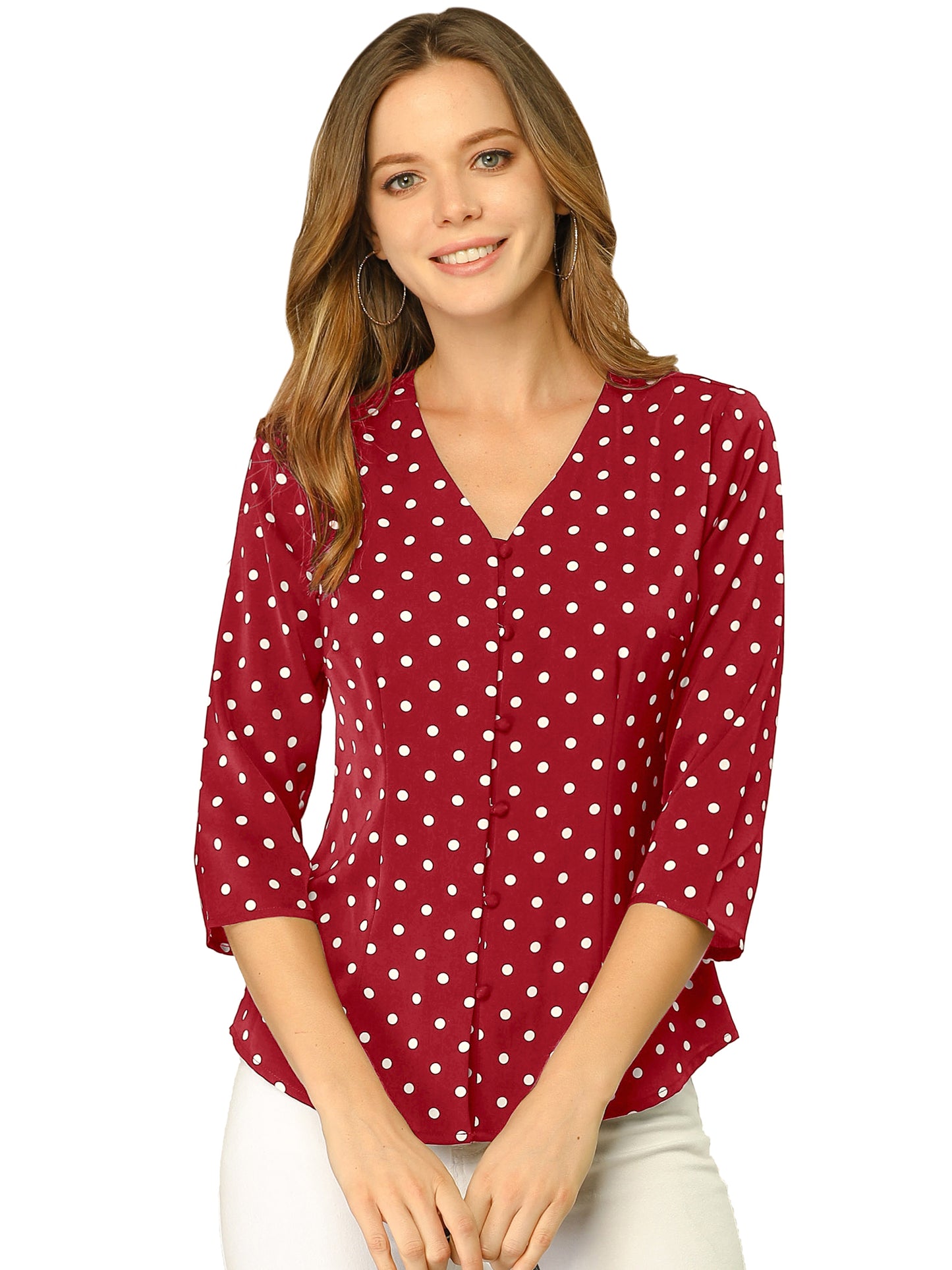 Women's Polka Dots 3/4 Sleeve Button Front V Neck Blouse Shirt (Available in Plus Size)