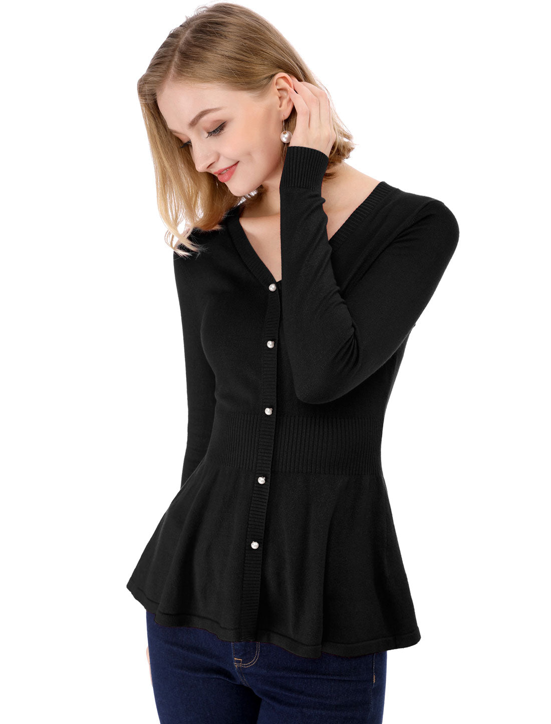 Women's Peplum Sweater V Neck Long Sleeve Knit Cinched Waist tops
