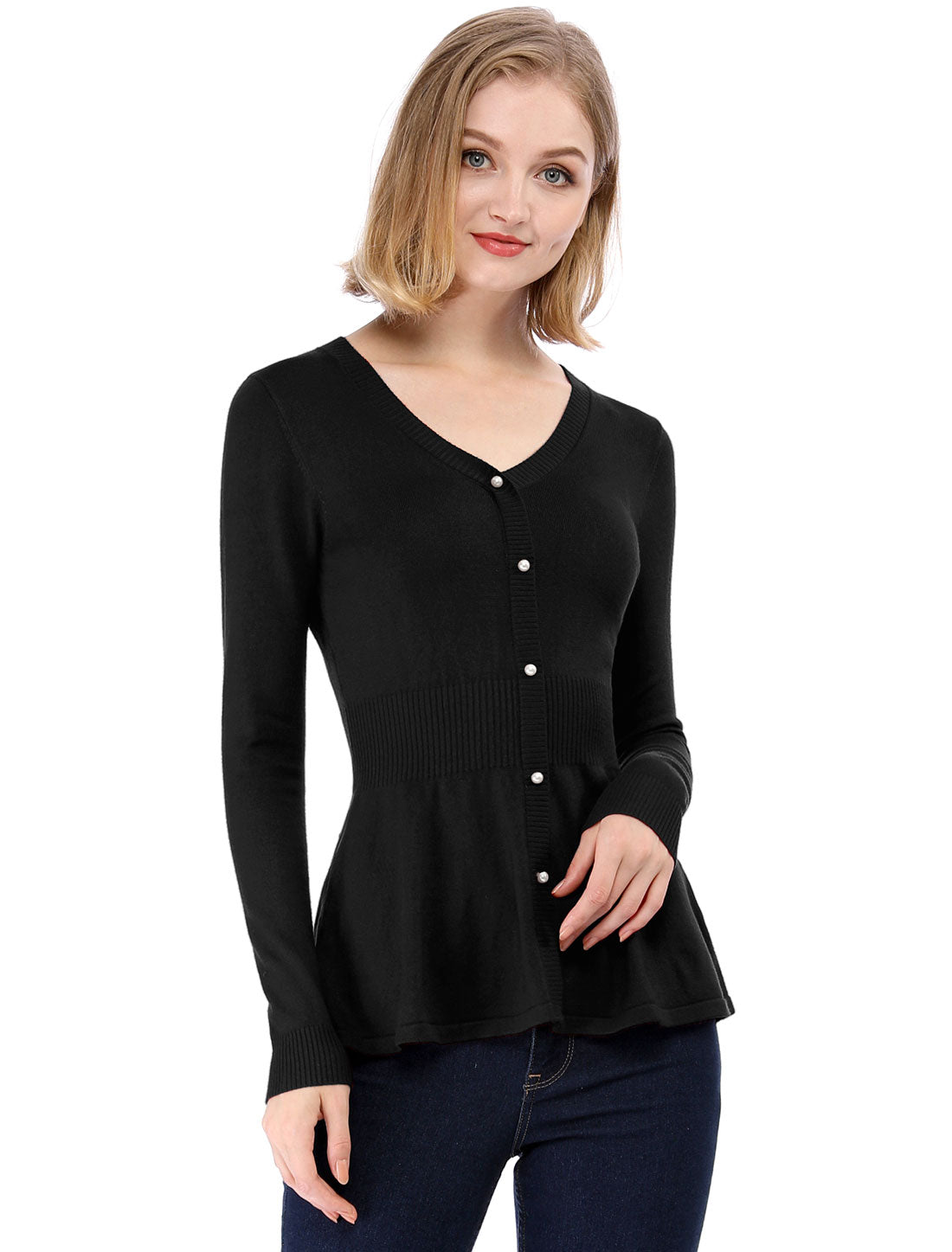 Women's Peplum Sweater V Neck Long Sleeve Knit Cinched Waist tops